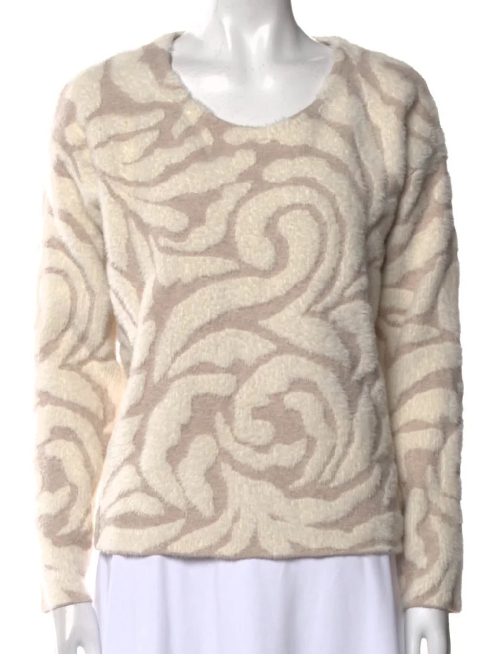 CYNTHIA ROWLEY Cozy Cream and Beige Patterned Women's Sweater - Picture 2 of 8